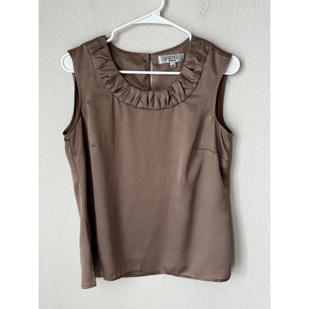 Kasper Separates Womens Medium Taupe Brown Satin Ruffle Neck Sleeveless Blouse